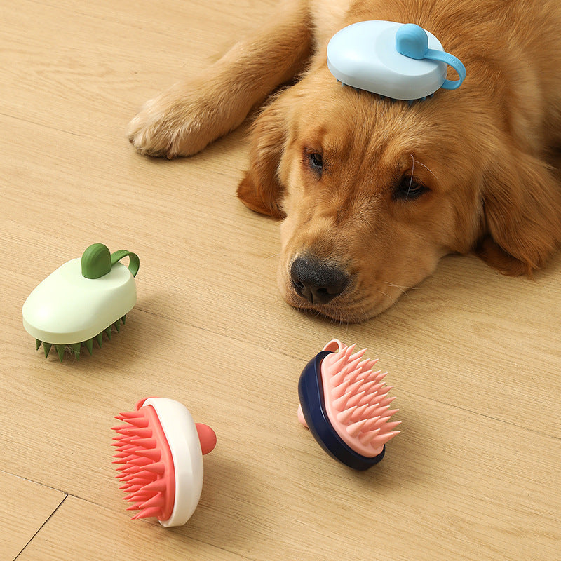 Dog lying on a wooden floor with grooming tools around it