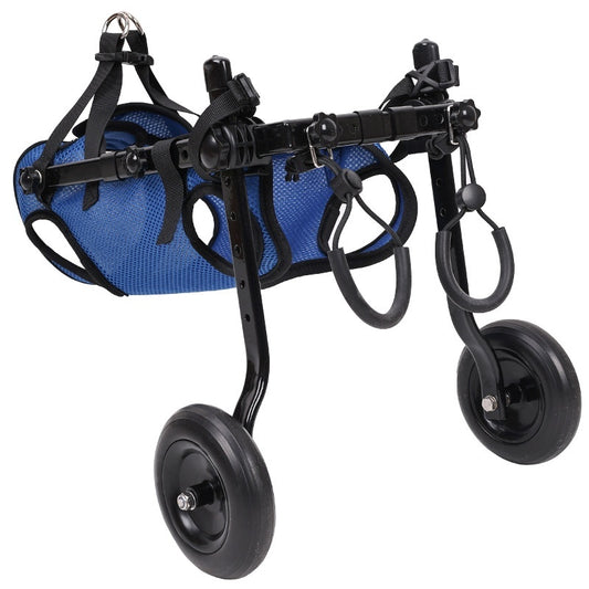 Blue mesh bag with black straps and wheels on a white background