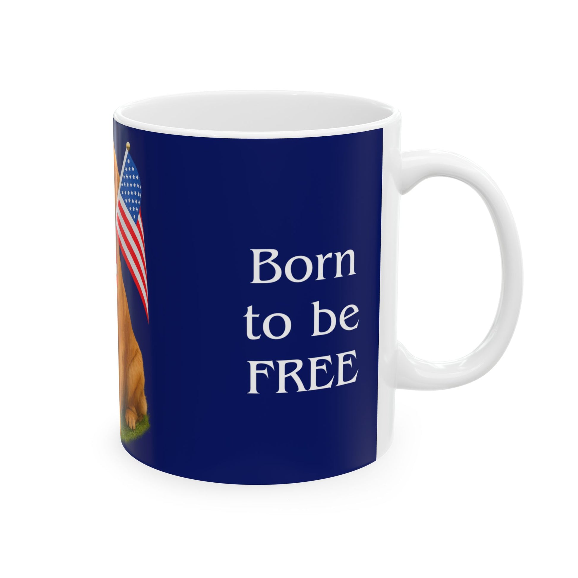 Mug with 'Born to be FREE' text and American flag on a blue background