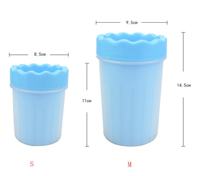 Two blue silicone cups with measurements on a white background