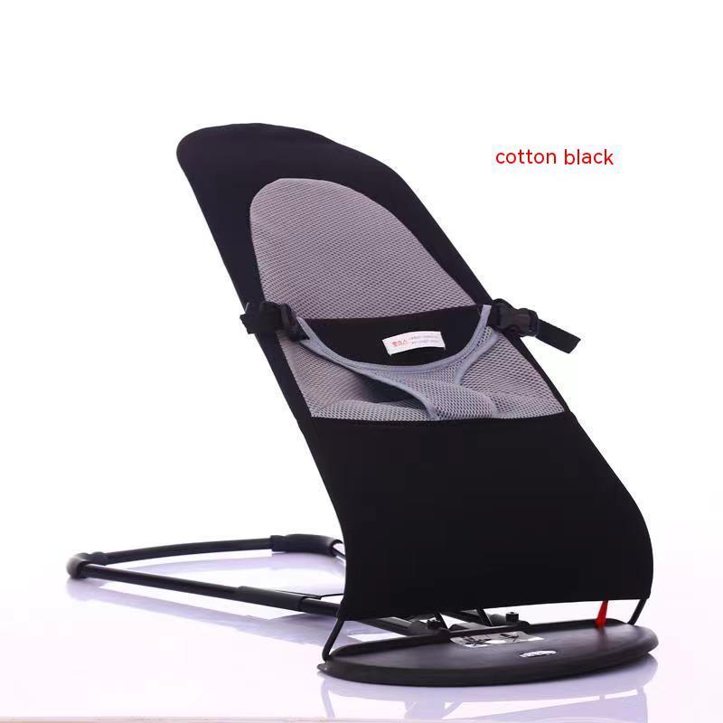 Black and gray baby bouncer with 'cotton black' text on a white background