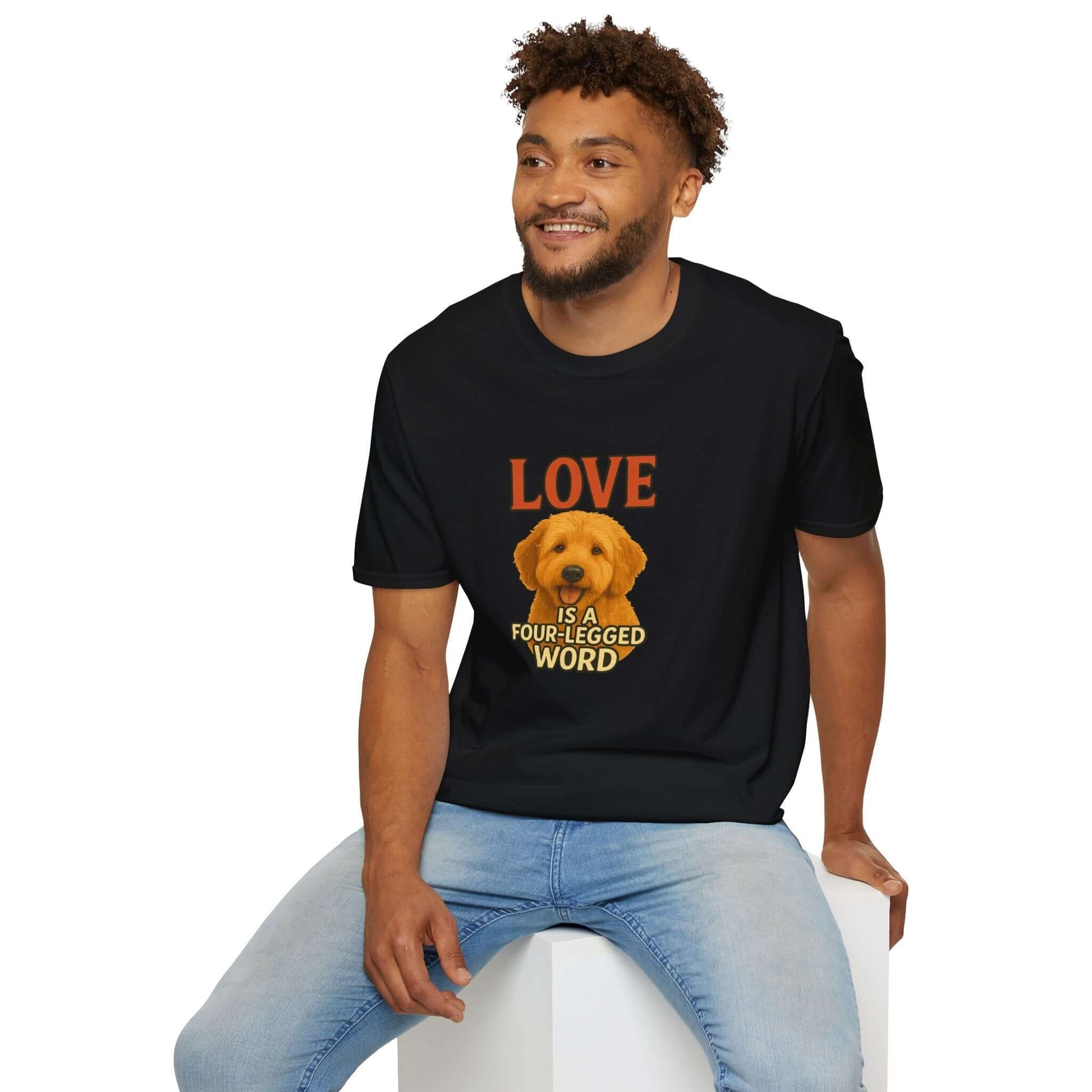 Goldendoodle Tee: "Love Is a Four-Legged Word" for pet lovers showcasing dogs and comfy casual style.