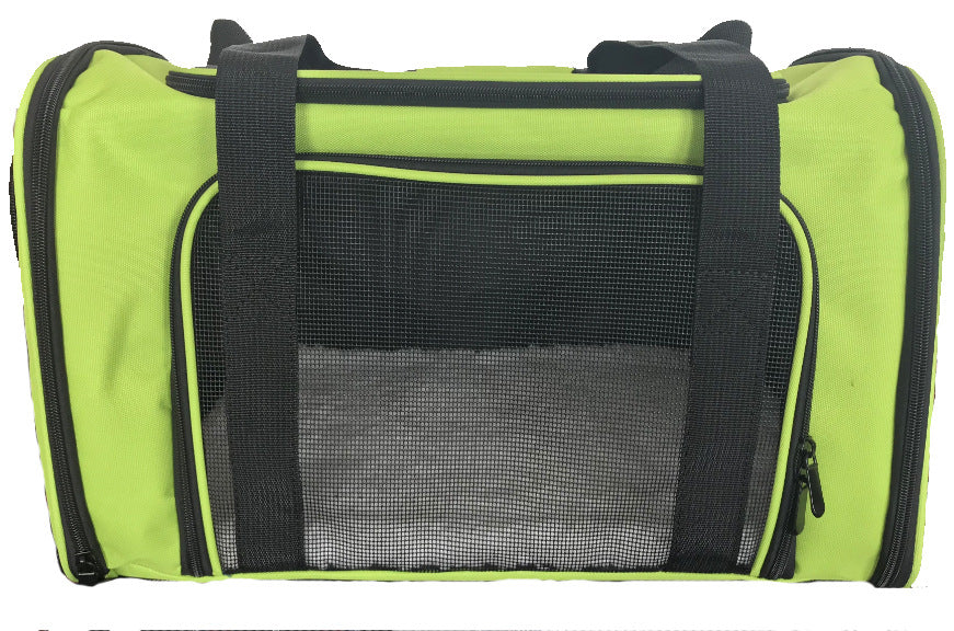 Green pet carrier with black straps and mesh side on a white background