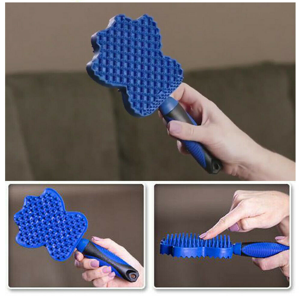Blue pet grooming brush held by a hand with close-up details on a brown background