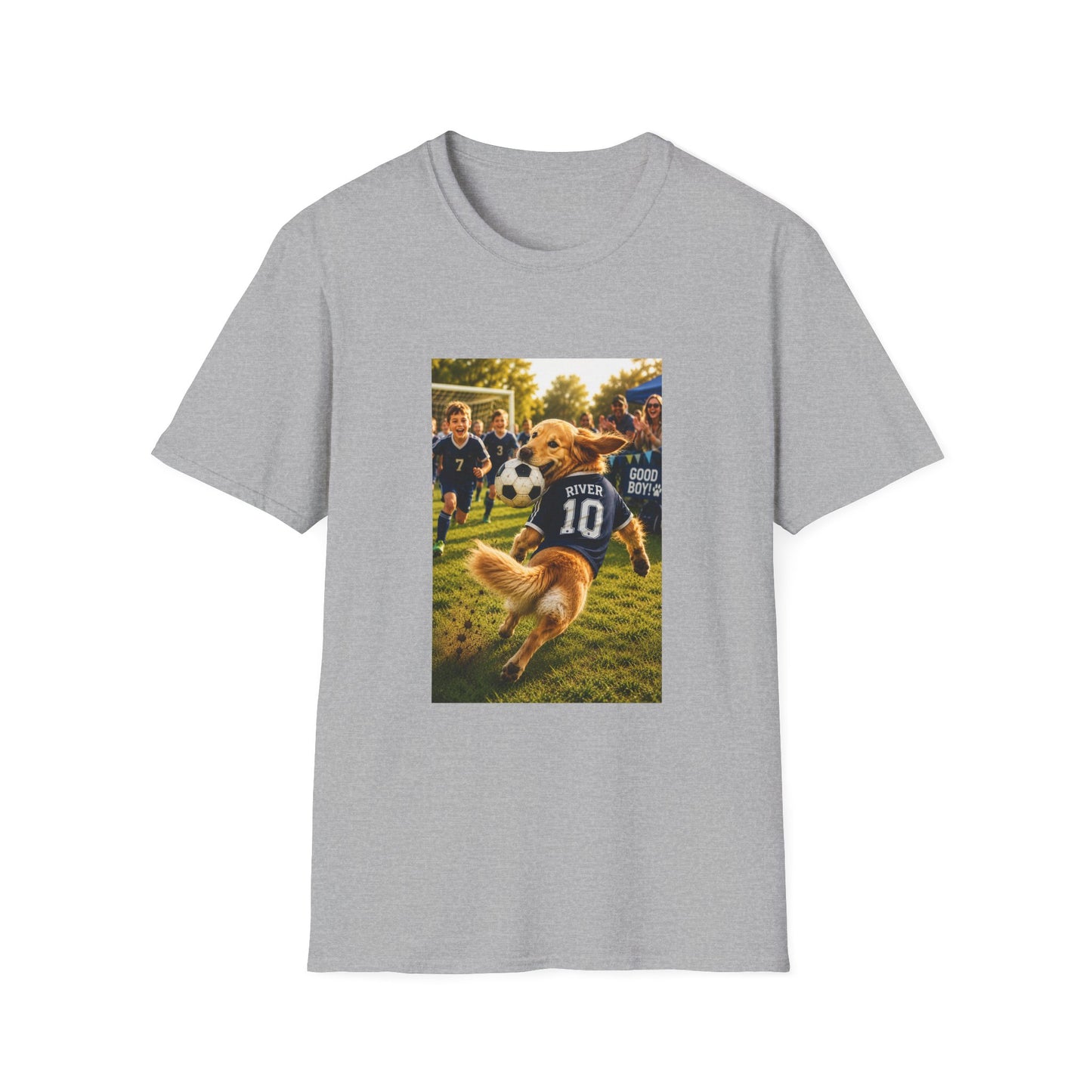 A light gray short-sleeve crewneck t-shirt featuring a rectangular graphic print on the front. The graphic depicts a golden retriever dog wearing a soccer jersey with the number 10 and the name 'SPY' on a grassy field.