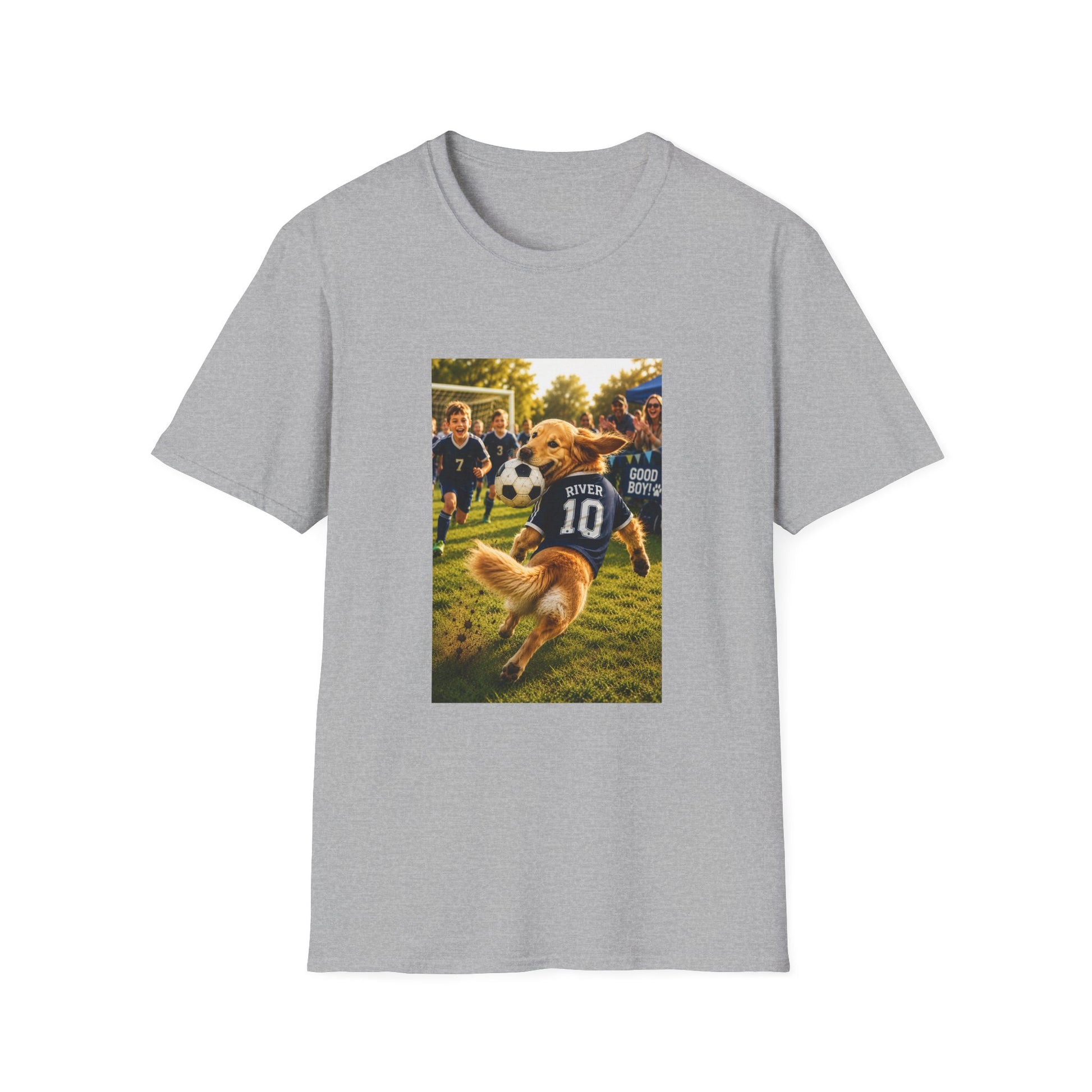 A light gray short-sleeve crewneck t-shirt featuring a rectangular graphic print on the front. The graphic depicts a golden retriever dog wearing a soccer jersey with the number 10 and the name 'SPY' on a grassy field.