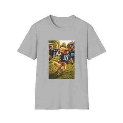 A light gray short-sleeve crewneck t-shirt featuring a rectangular graphic print on the front. The graphic depicts a golden retriever dog wearing a soccer jersey with the number 10 and the name 'SPY' on a grassy field.