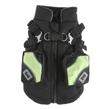 Black dog life jacket with green accents on a white background