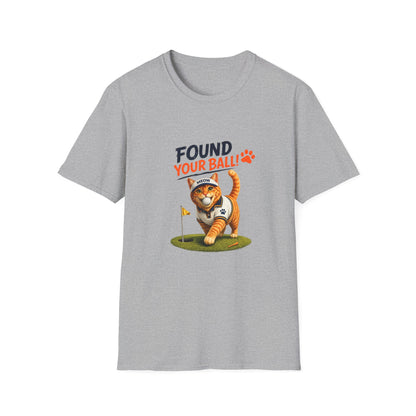Found Your Ball funny cat golf T-shirt with orange tabby carrying a golf ball sport grey