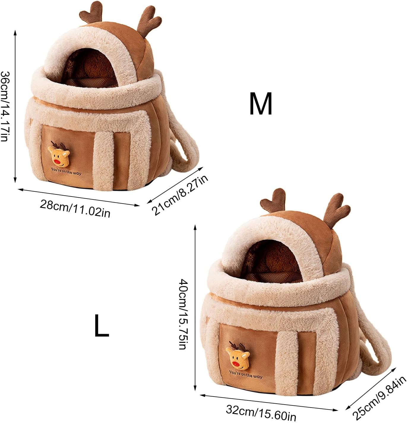Measurement chart for a plush deer-shaped pet bed with dimensions labeled.
