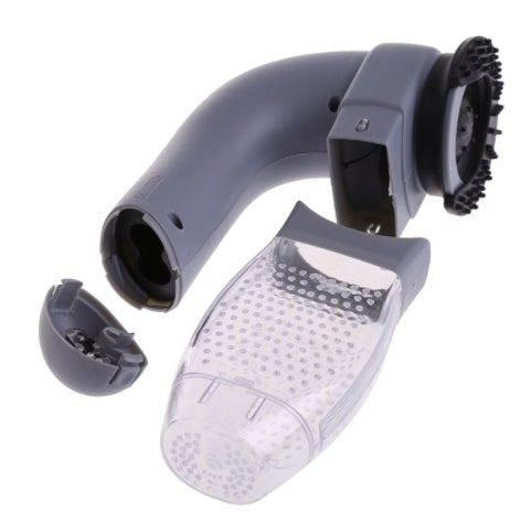 Gray handheld cleaning tool with clear attachment on a white background
