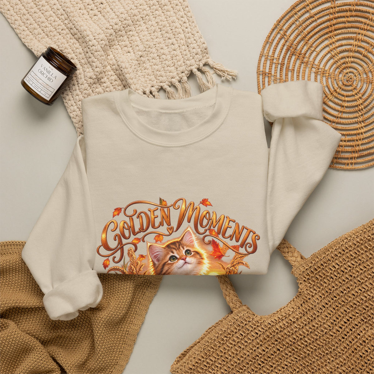 Sand crewneck sweatshirt with Golden Moments fall kitten, pumpkin and autumn floral design
