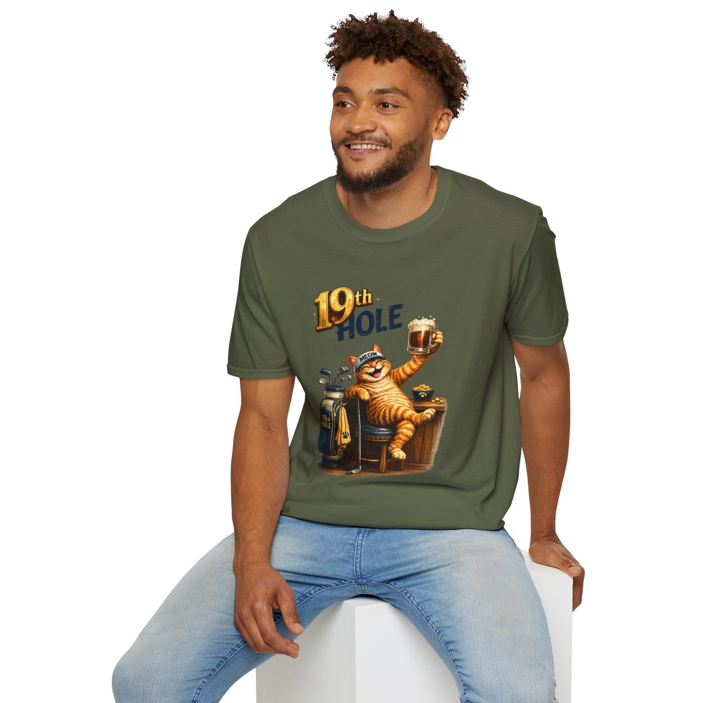 19th Hole funny cat golf T-shirt in military green with orange tabby golfer
