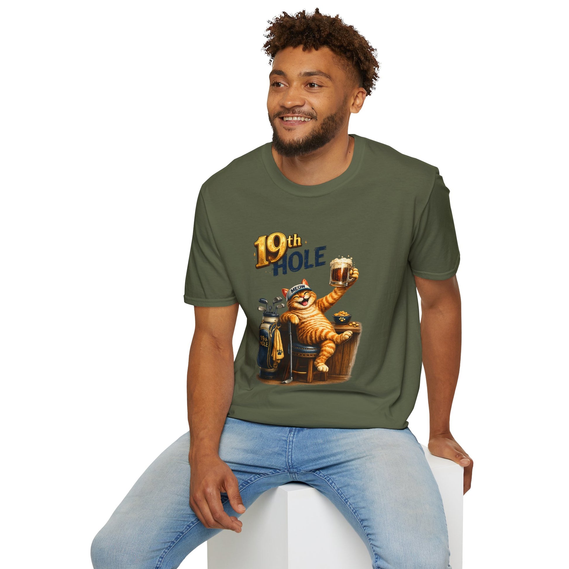 19th Hole funny cat golf T-shirt in military green with orange tabby golfer