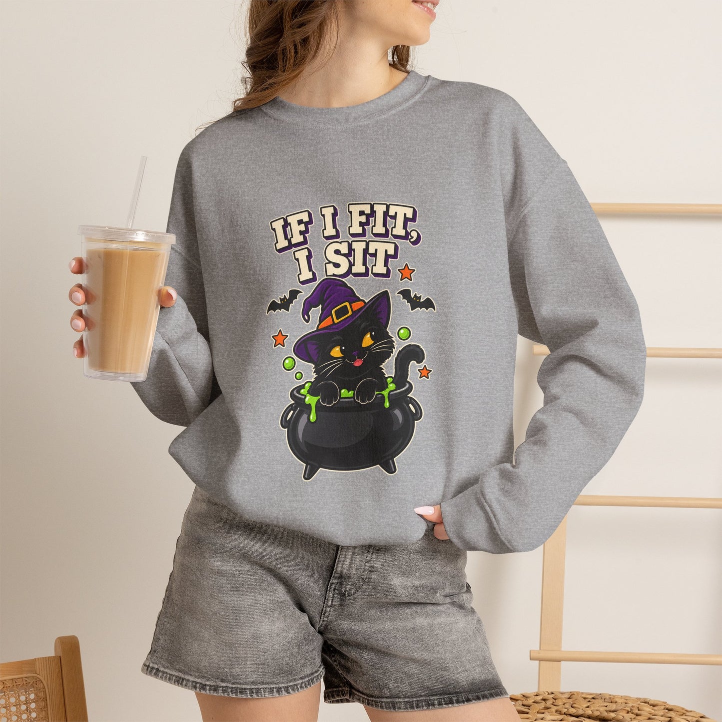 If I Fit, I Sit Witch Cat Halloween Sweatshirt – Cauldron Cat Crewneck