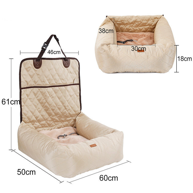 Beige car seat cover with dimensions on a white background