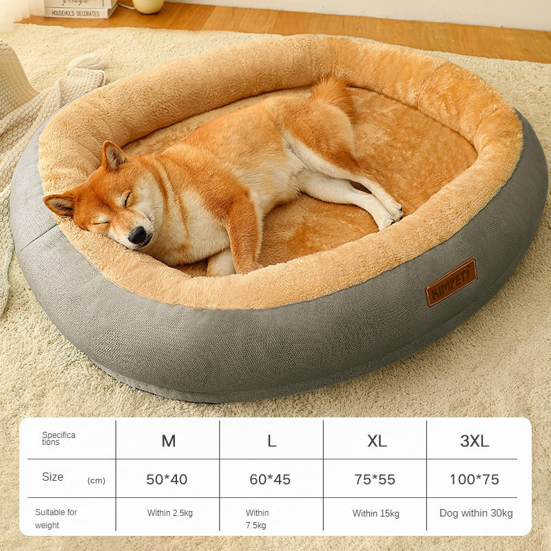Dog sleeping in a round pet bed with size chart on a beige carpet