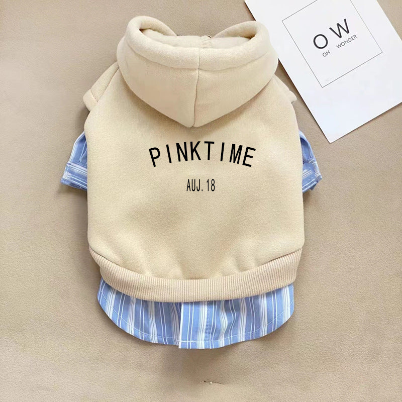 Pet hoodie with 'Pinktime' text on a beige background