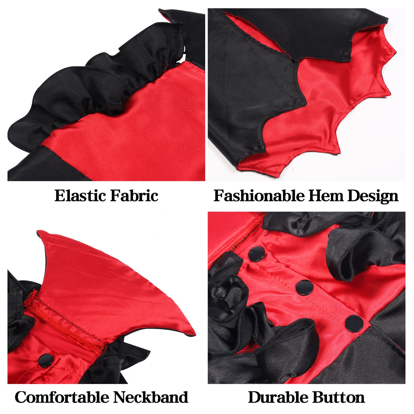 Red and black outfit with features labeled: Elastic Fabric, Fashionable Hem Design, Comfortable Neckband, Durable Button.