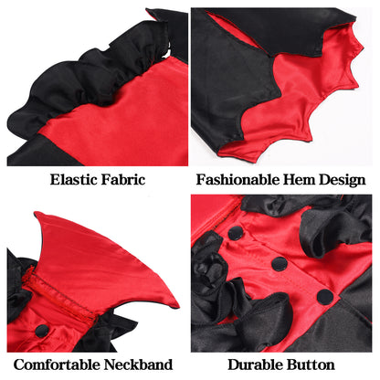 Red and black outfit with features labeled: Elastic Fabric, Fashionable Hem Design, Comfortable Neckband, Durable Button.