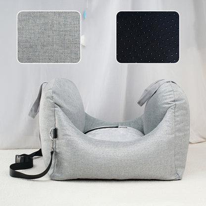Gray fabric car seat cover with texture details on a white background