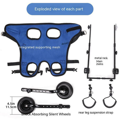 Exploded view of a blue and black dog stroller with labeled parts on a white background.