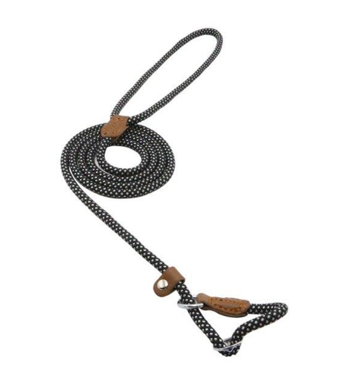 Black and white patterned dog leash with brown leather handles on a white background