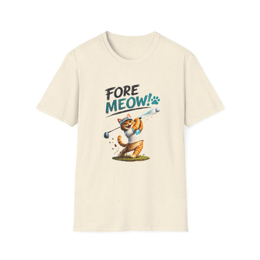 An off-white short-sleeve crewneck t-shirt featuring a graphic of an orange tabby cat playing golf with the text 'FORE MEOW!' printed on the front.
