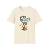 An off-white short-sleeve crewneck t-shirt featuring a graphic of an orange tabby cat playing golf with the text 'FORE MEOW!' printed on the front.