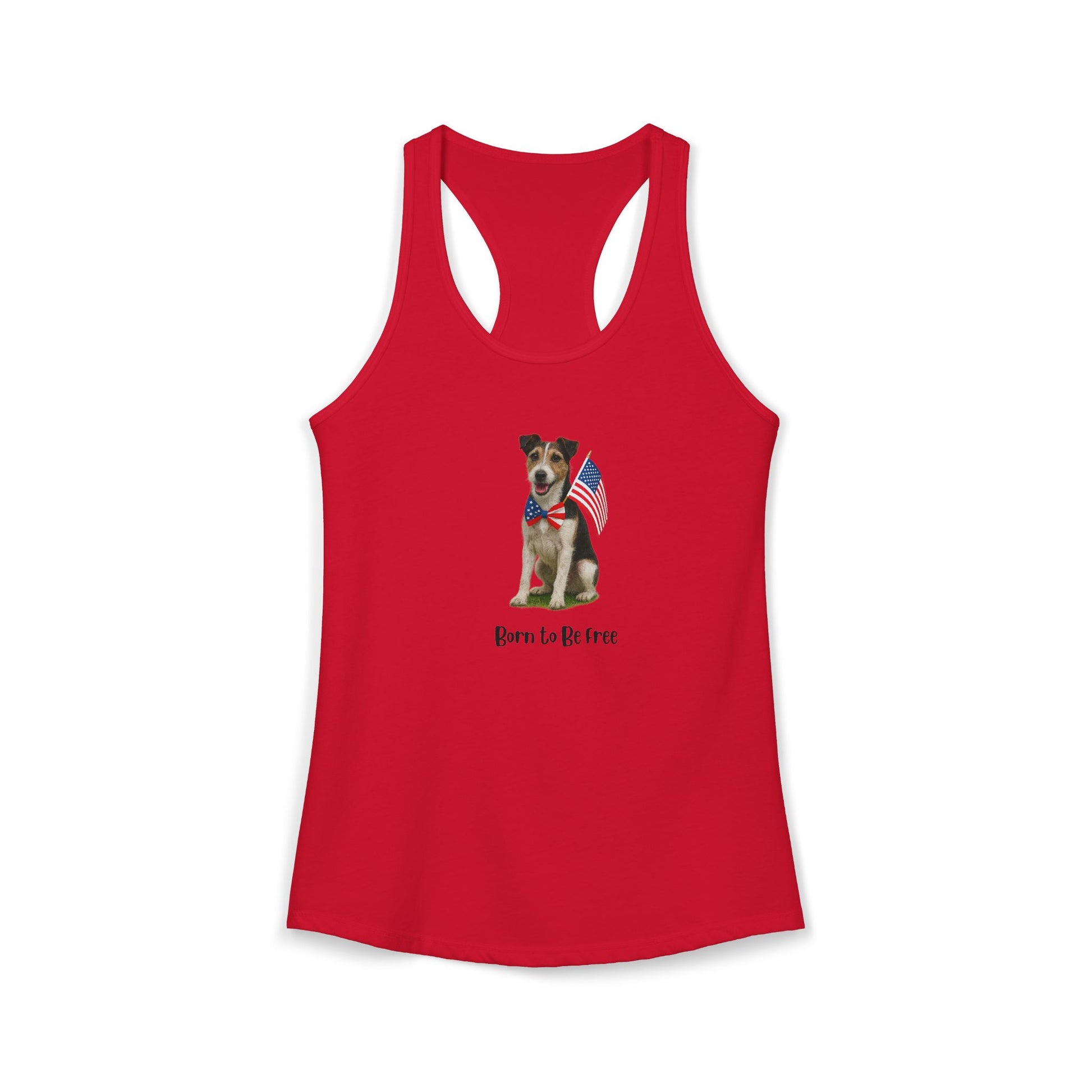Red tank top with a dog graphic and text on a white background