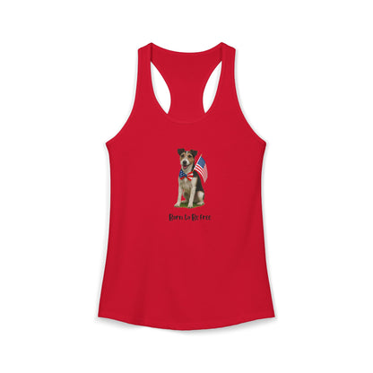 Red tank top with a dog graphic and text on a white background