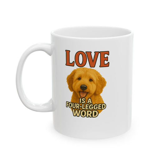 White mug with a dog illustration and text 'Love is a four-legged word' on a white background