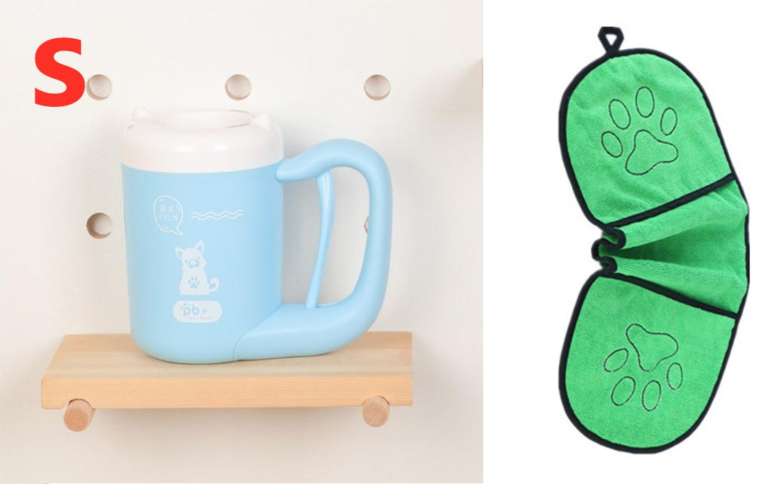 Blue mug on a wooden shelf with a green butterfly-shaped product featuring paw prints on a white background.