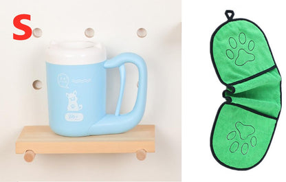 Blue mug on a wooden shelf with a green butterfly-shaped product featuring paw prints on a white background.