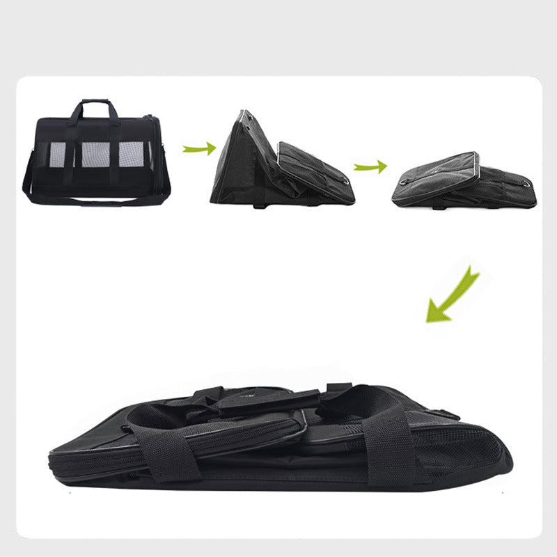 Black bag transforming into a triangular stand and then a flat surface with arrows indicating the transformation process.