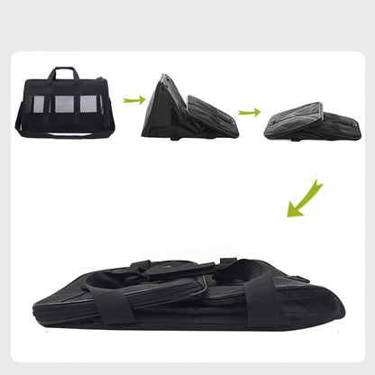 Black bag transforming into a triangular stand and then a flat surface with arrows indicating the transformation process.