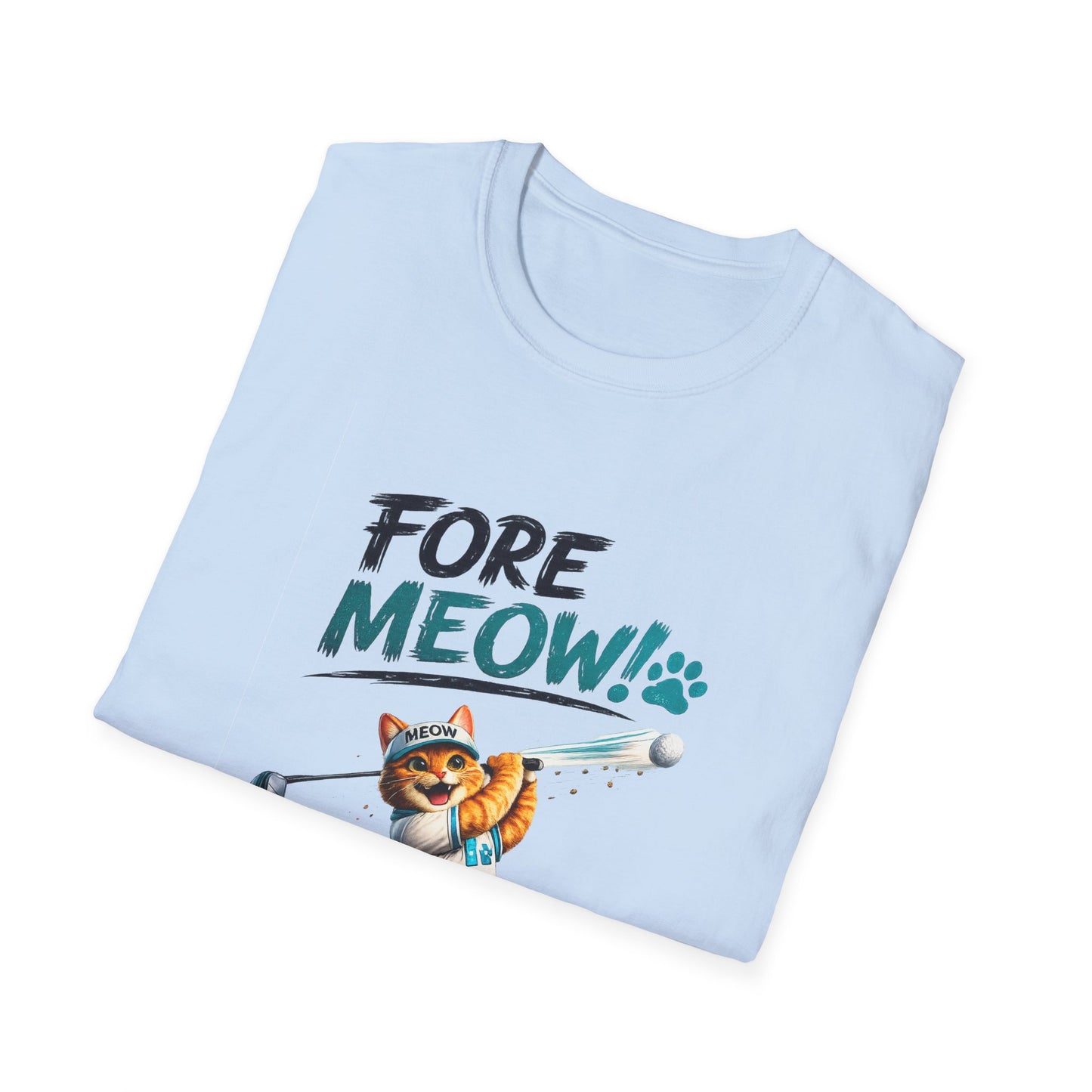 A light blue folded t-shirt featuring a cartoon graphic of an orange tabby cat playing golf with the text 'FORE MEOW!'.