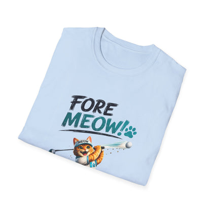 A light blue folded t-shirt featuring a cartoon graphic of an orange tabby cat playing golf with the text 'FORE MEOW!'.