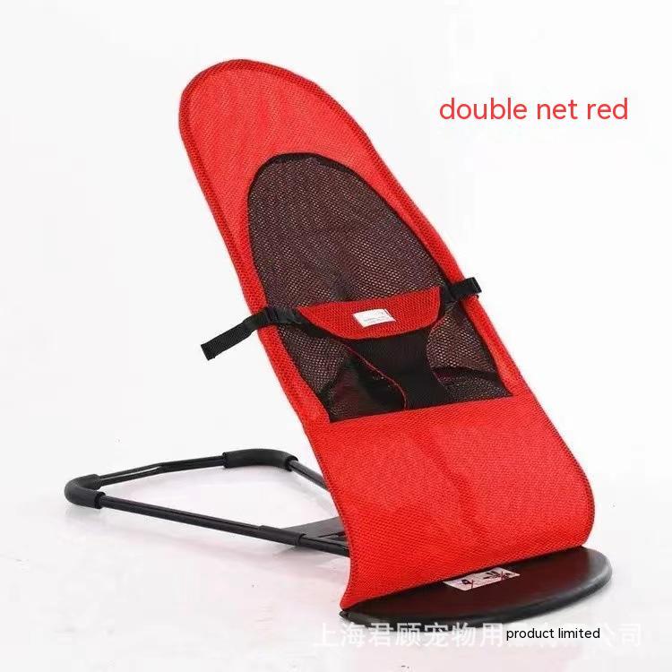 Red baby bouncer with black mesh on a white background