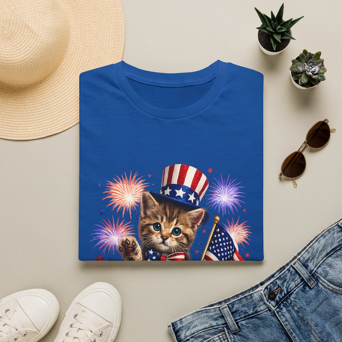 Blue t-shirt with a kitten wearing an American flag hat and fireworks design, surrounded by a hat, sunglasses, shoes, and plants on a light surface.