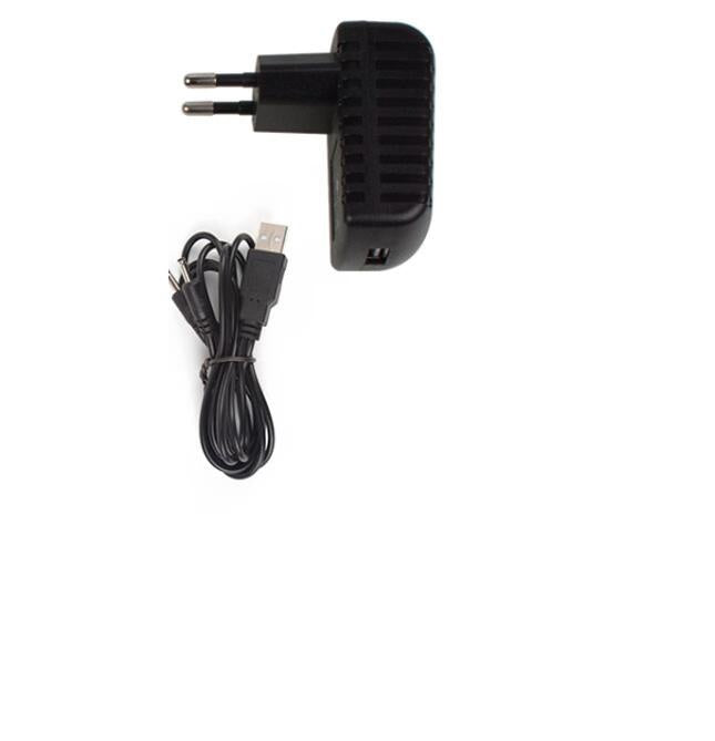 Black power adapter with USB cable on a white background