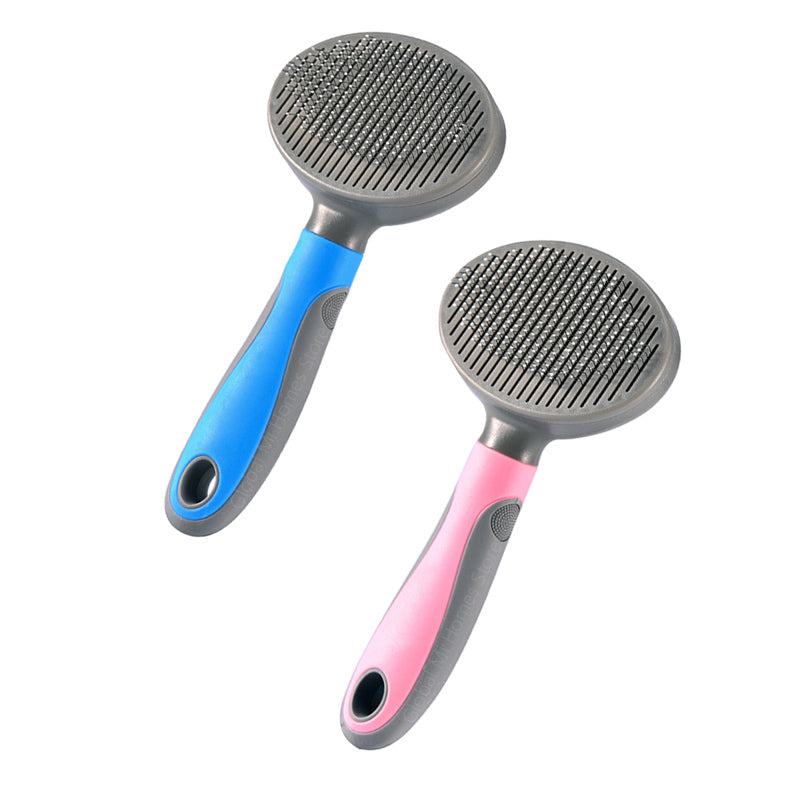 Two pet grooming brushes with blue and pink handles on a white background