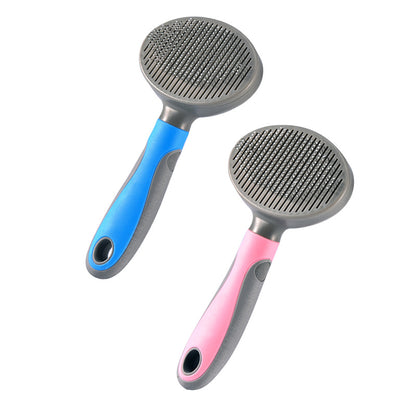 Two pet grooming brushes with blue and pink handles on a white background