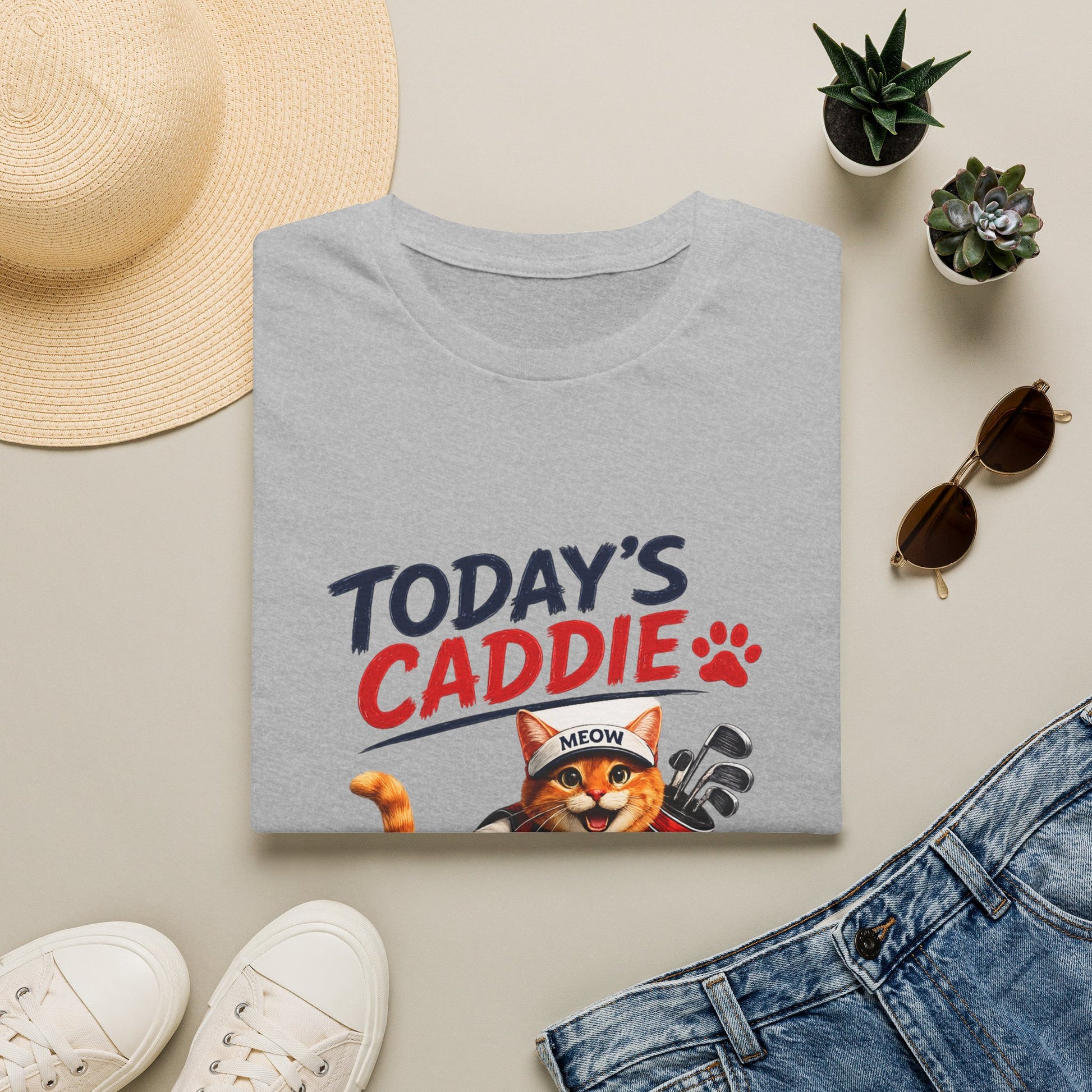 An sport grey short-sleeve crewneck t-shirt featuring a cartoon graphic of an orange tabby cat wearing a cap and holding golf clubs, with the text 'TODAY'S CADDIE' 