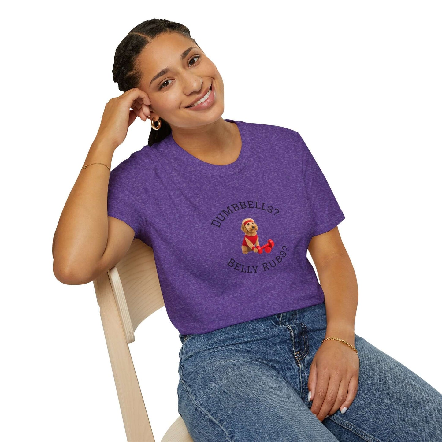 Goldendoodle Dog Lover Workout Tee – “Belly Rubs or Dumbbells?” featuring a smiling woman wearing the tee with dog theme.