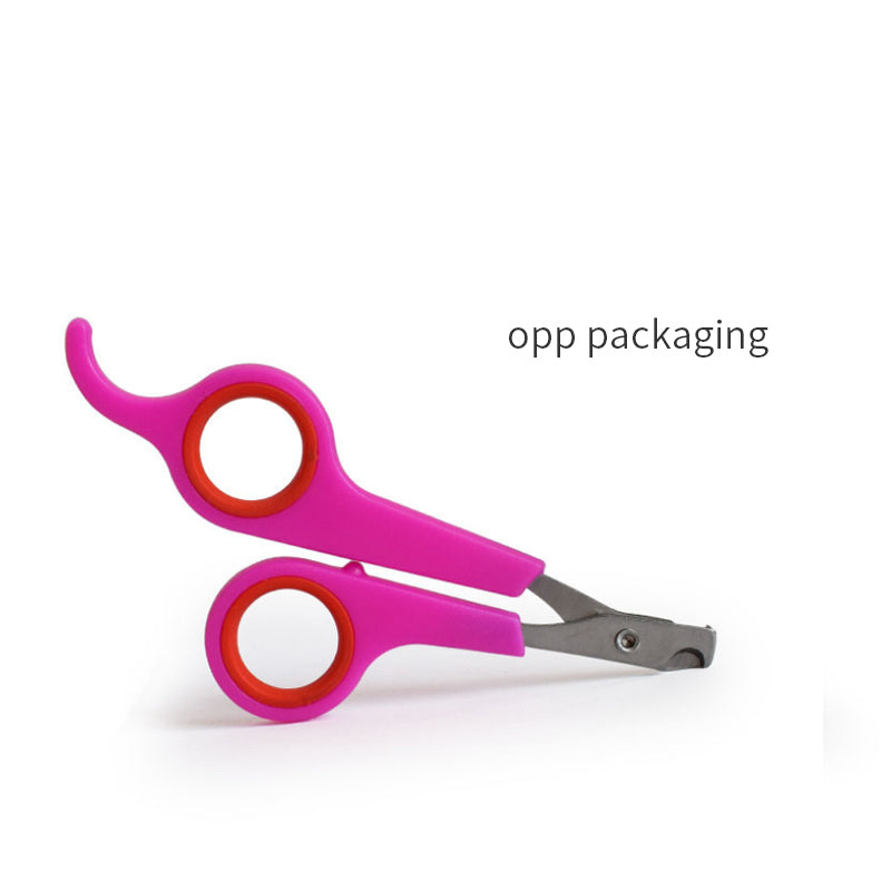 Pink pet nail clippers with red accents on a white background
