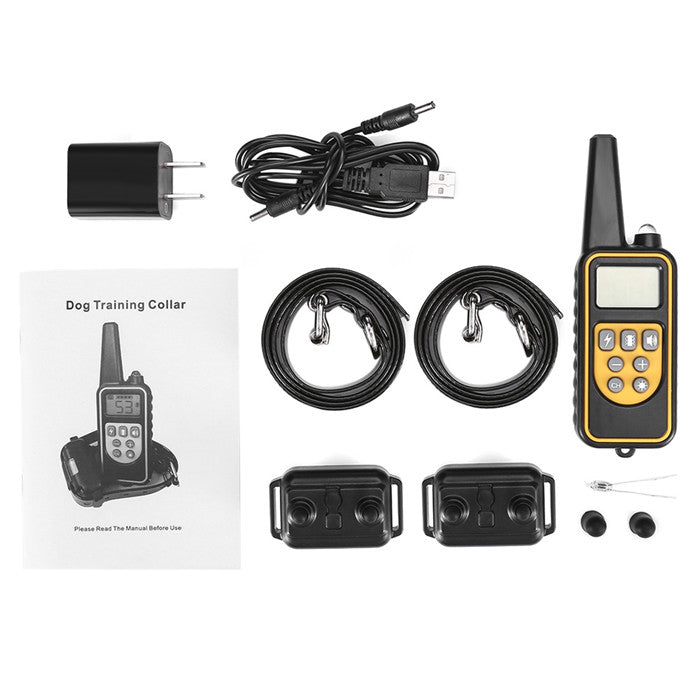Dog training collar set with remote, receiver, cables, and accessories on a white background