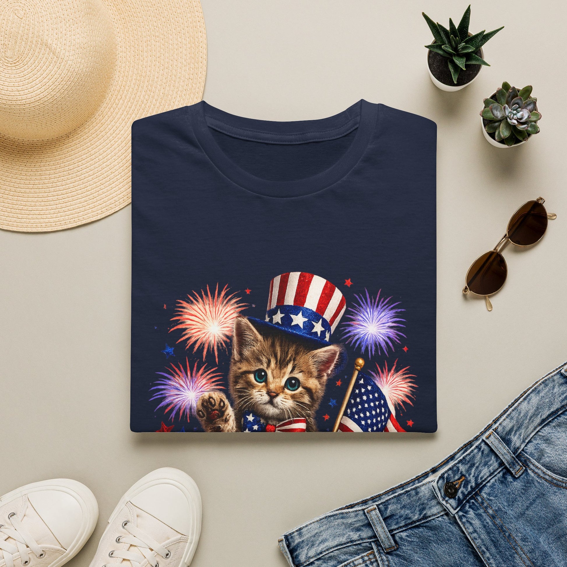 Navy blue t-shirt with a kitten wearing an American flag hat and fireworks design, surrounded by a hat, sunglasses, and jeans on a light background.
