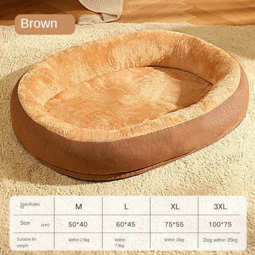 Brown pet bed on a carpet with size chart below