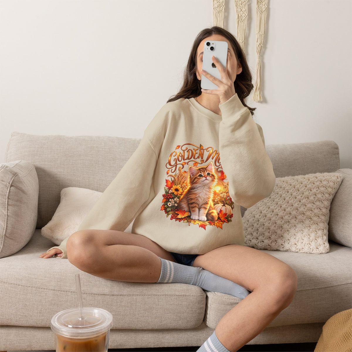 Sand crewneck sweatshirt with Golden Moments fall kitten, pumpkin and autumn floral design
